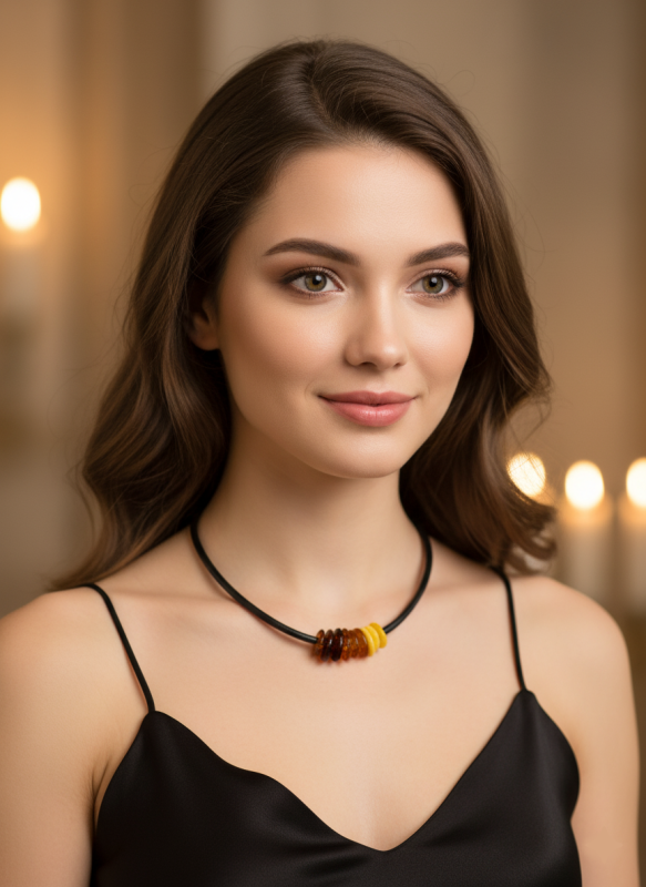 Kolia na rzemieniu z wielokolorowymi bursztynami - Baltic Amber Statement Necklace - Amber Figaro Handmade