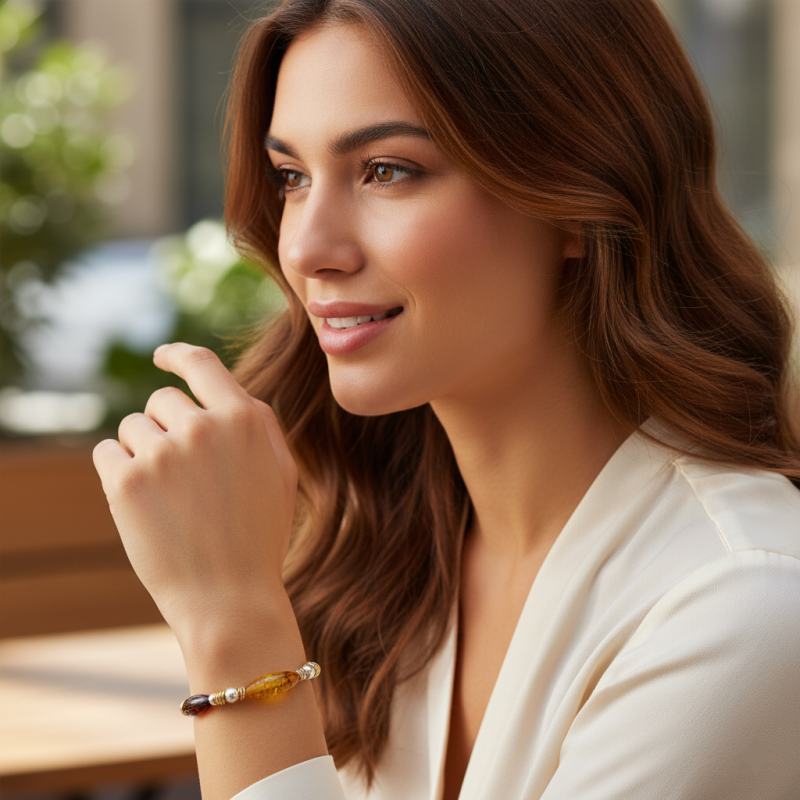 Bransoletka z wielokolorowymi bursztynami - Baltic Amber Bracelet - Amber Figaro Handmade